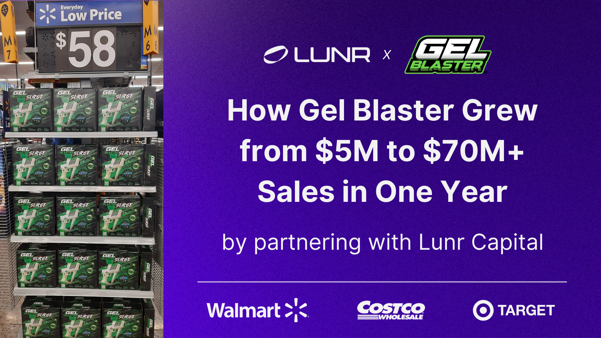 Cover Image showing the words: How Gel Blaster Grew from $5M to $70M+ sales in one year by partnering with Lunr.